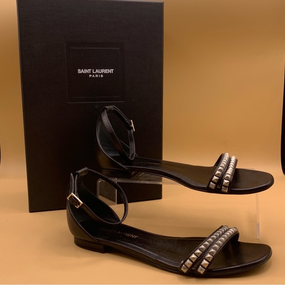 Saint Laurent Shoes - Saint Laurent Venice Double-Strap Black Leather Studded Sandals 37/ US 7